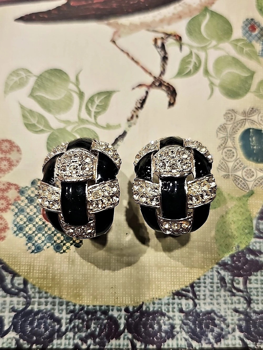 Vintage 1990s Joan Rivers Clip-On On Rhinestone Enamel Earrings Signed